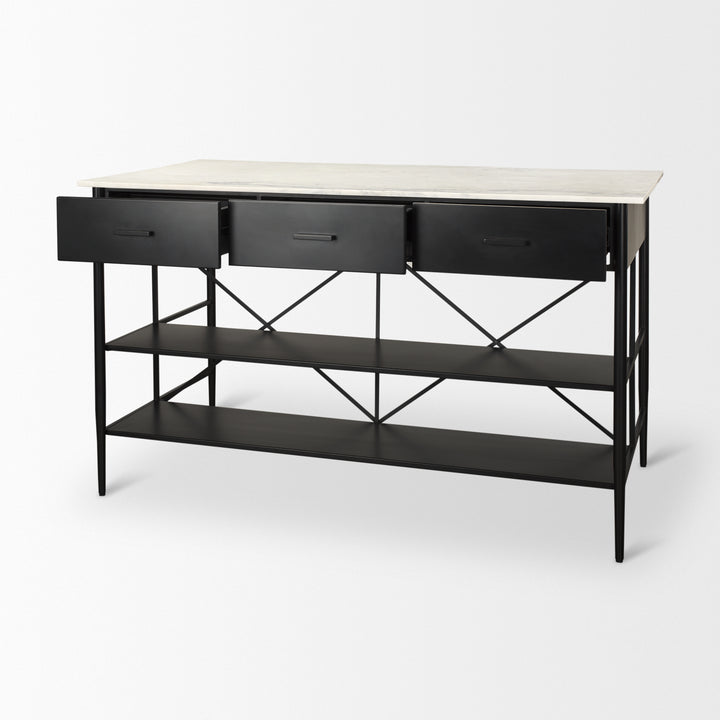 Amika White Marble Top Black Metal Base Kitchen Island Dining Room Mercana