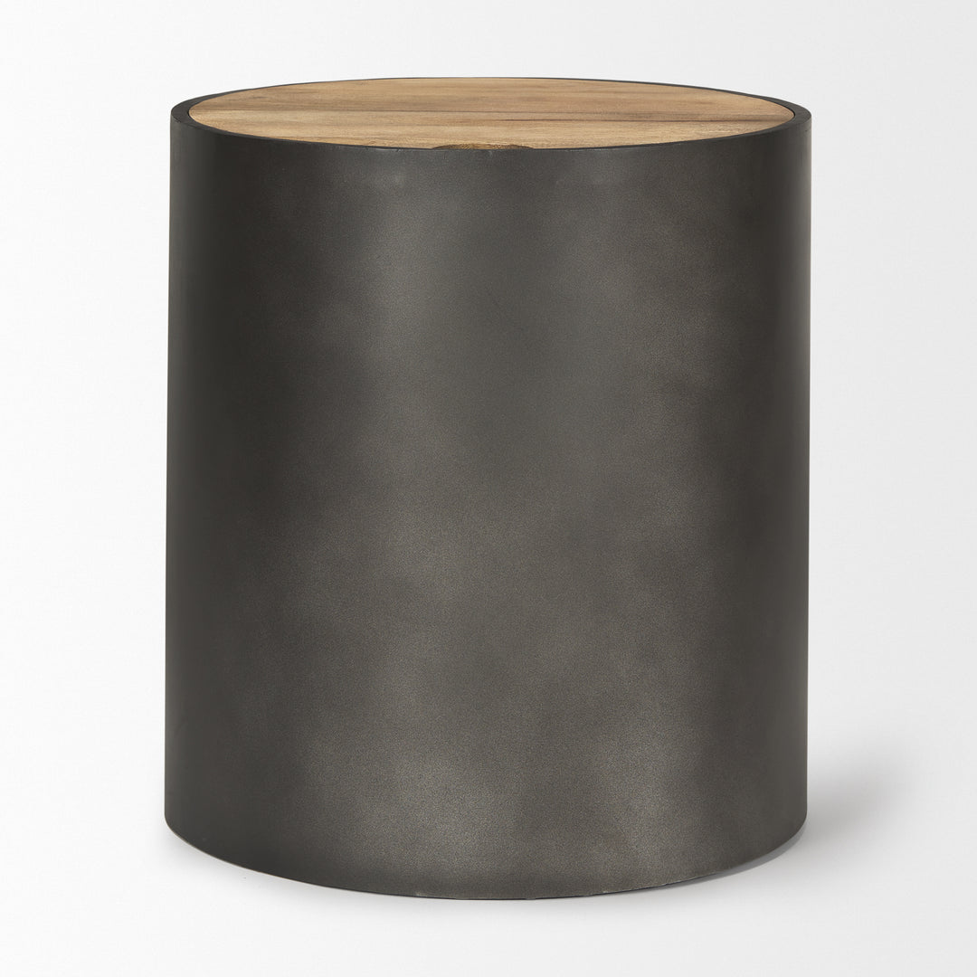 Eclipse Gunmetal Gray Drum Base w/ Brown Wood Top End/Side Table Living Room Mercana