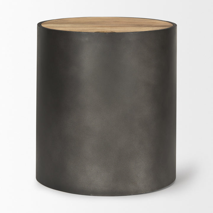 Eclipse Gunmetal Gray Drum Base w/ Brown Wood Top End/Side Table Living Room Mercana