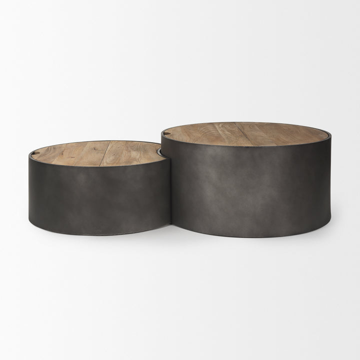Eclipse Gunmetal Gray Drum Base w/ Brown Wood Top Nested Coffee Table Living Room Mercana