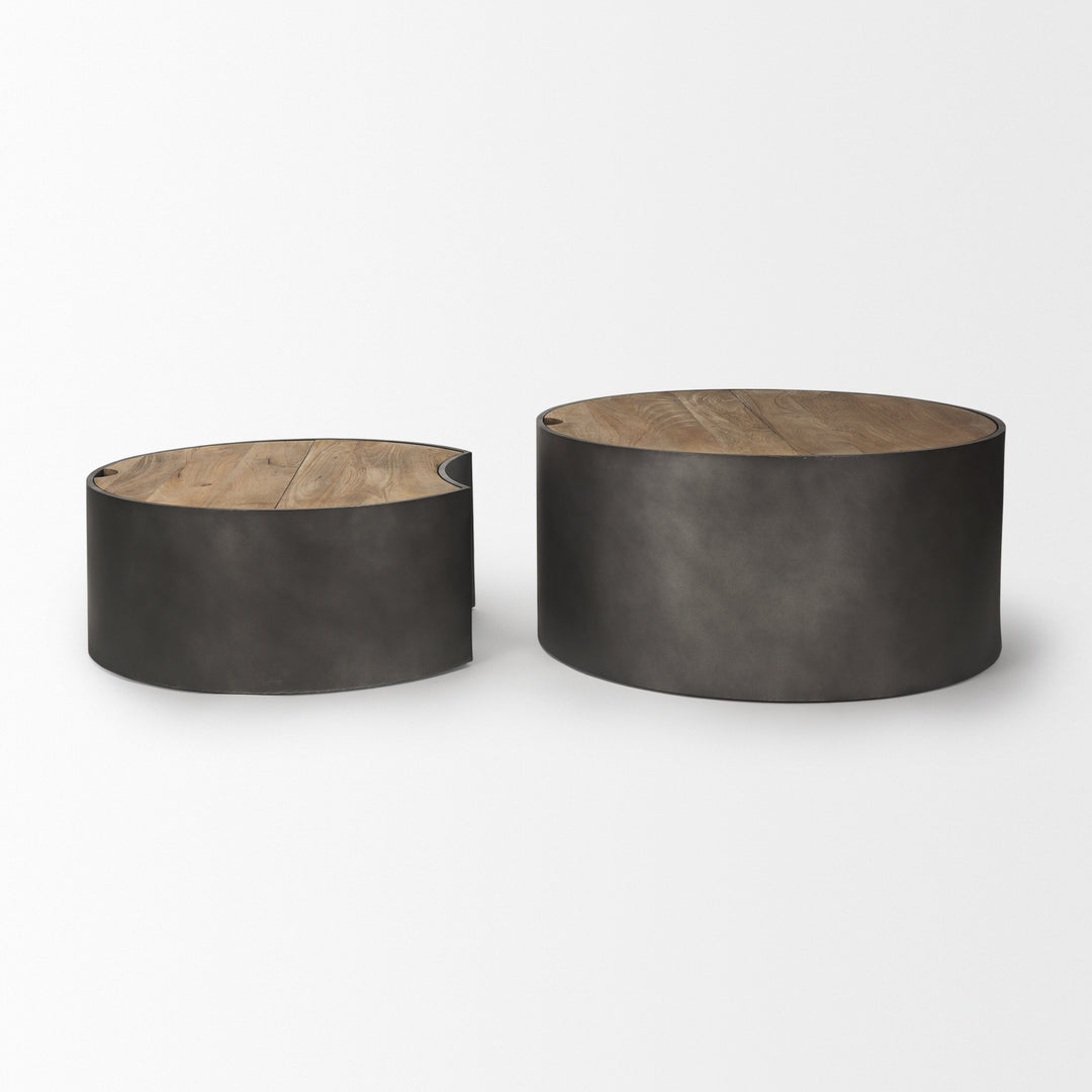 Eclipse Gunmetal Gray Drum Base w/ Brown Wood Top Nested Coffee Table Living Room Mercana