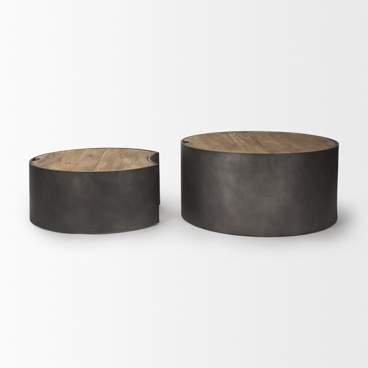 Eclipse Gunmetal Gray Drum Base w/ Brown Wood Top Nested Coffee Table Living Room Mercana
