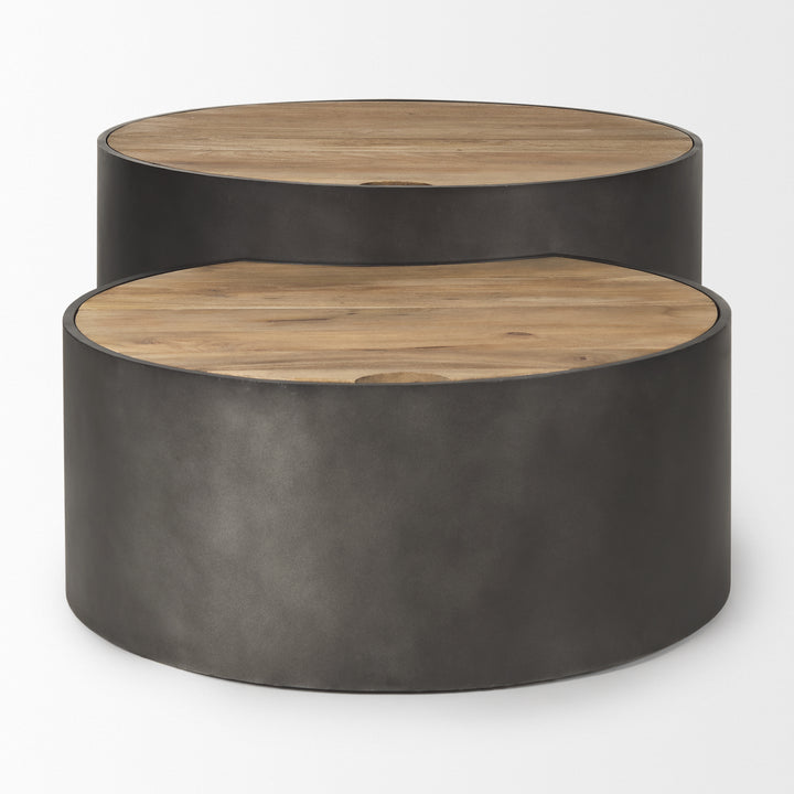 Eclipse Gunmetal Gray Drum Base w/ Brown Wood Top Nested Coffee Table Living Room Mercana