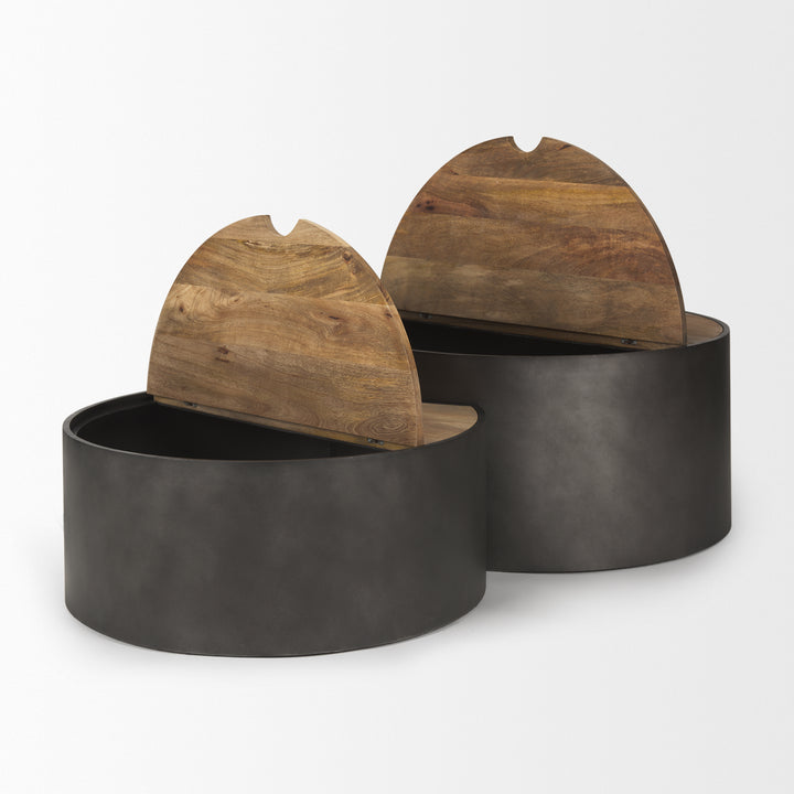 Eclipse Gunmetal Gray Drum Base w/ Brown Wood Top Nested Coffee Table Living Room Mercana