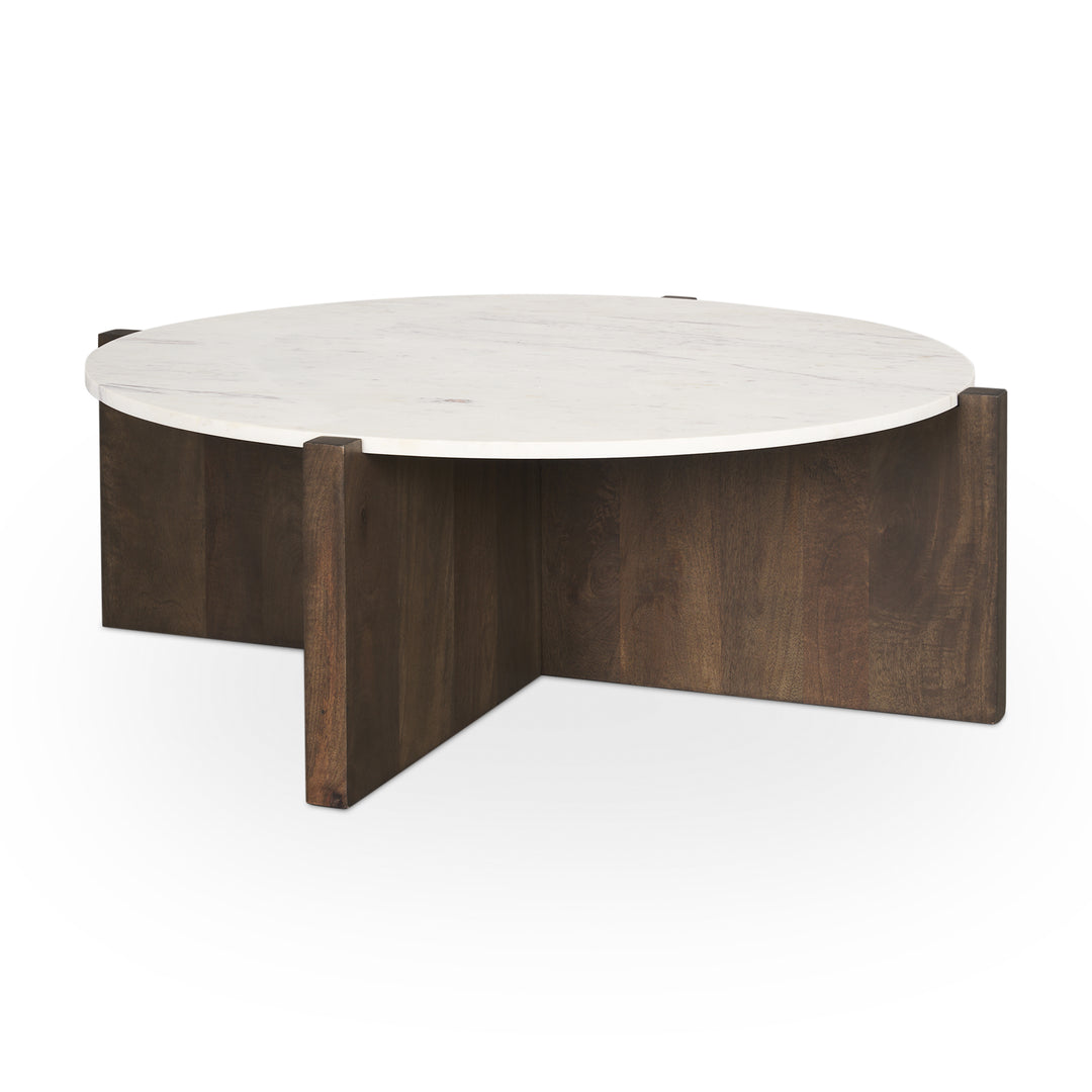 Bianca Dark Brown Wood w/ Marble Round Top Coffee Table Living Room Mercana