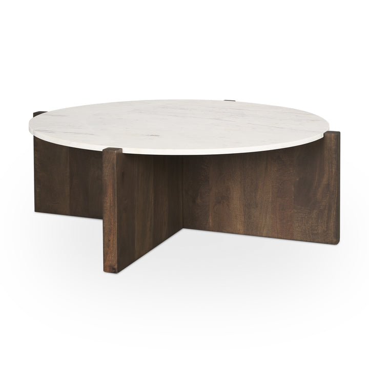 Bianca Dark Brown Wood w/ Marble Round Top Coffee Table Living Room Mercana