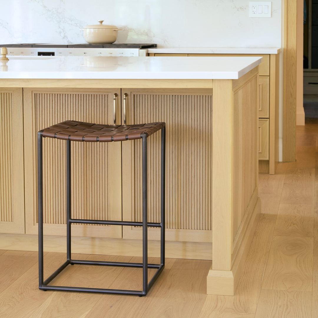 Clarissa Dark Brown Woven Leather Seat W/ Black Iron Frame Counter Stool Dining Room Mercana