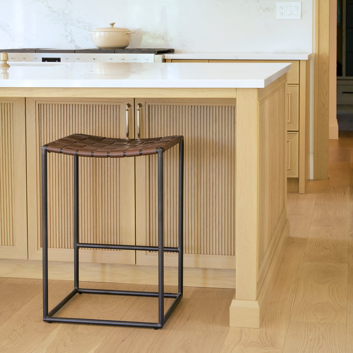 Clarissa Dark Brown Woven Leather Seat W/ Black Iron Frame Counter Stool Dining Room Mercana