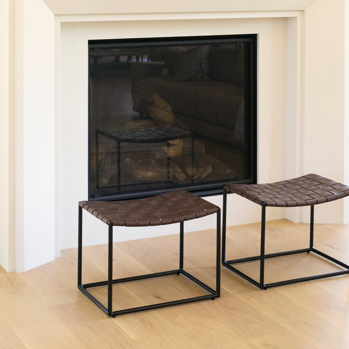 Clarissa Brown Leather Woven Seat W/ Black Metal Frame Stool Decor Mercana