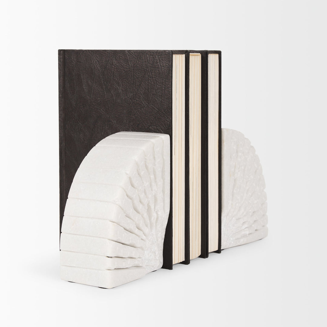 Stept White Marble Bookends w/rough carving (set of 2) Decor Mercana
