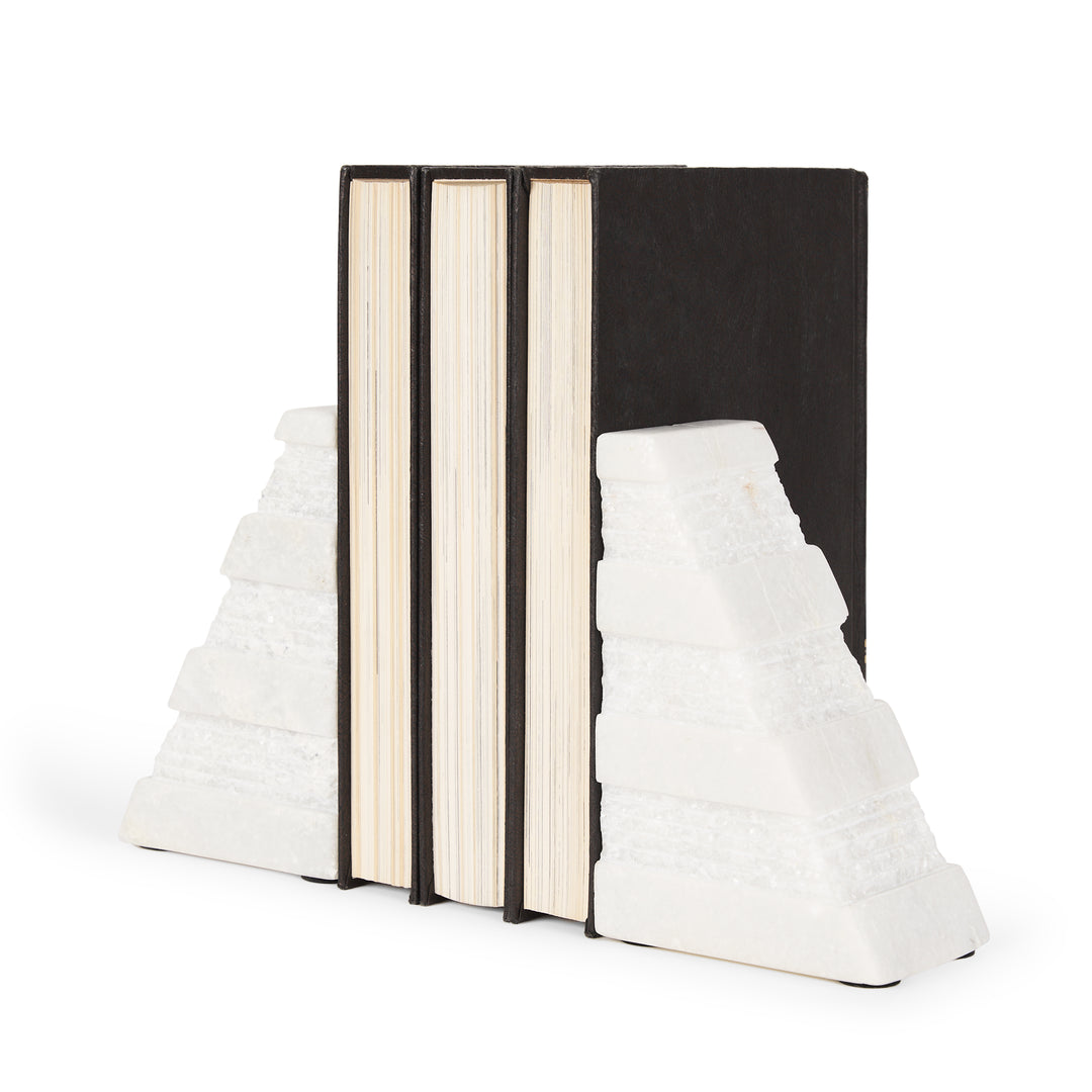 Cavetto White Marble Bookends w/rough carving S/2 Decor Mercana