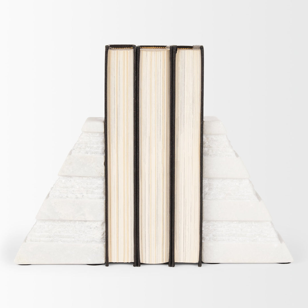 Cavetto White Marble Bookends w/rough carving S/2 Decor Mercana