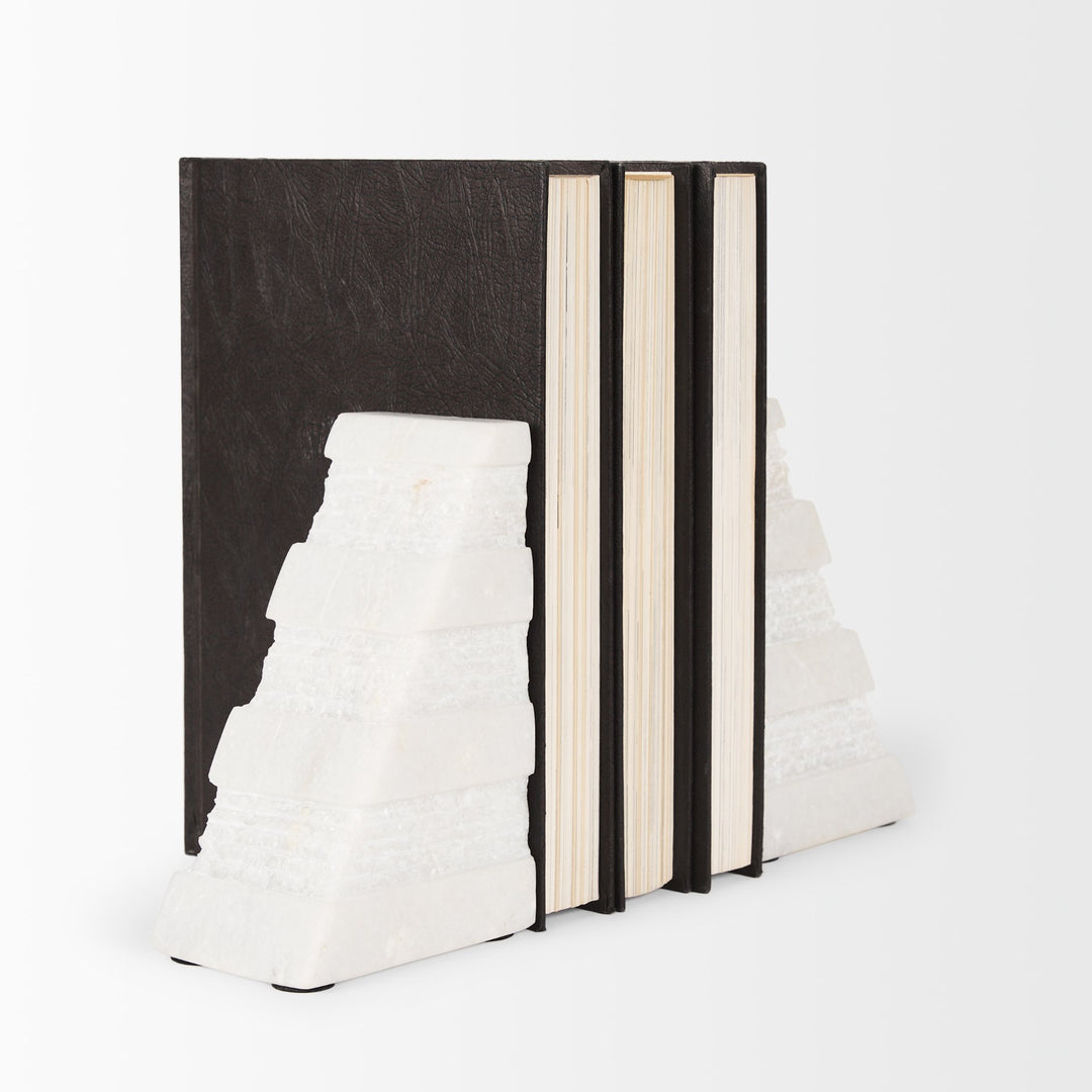 Cavetto White Marble Bookends w/rough carving S/2 Decor Mercana