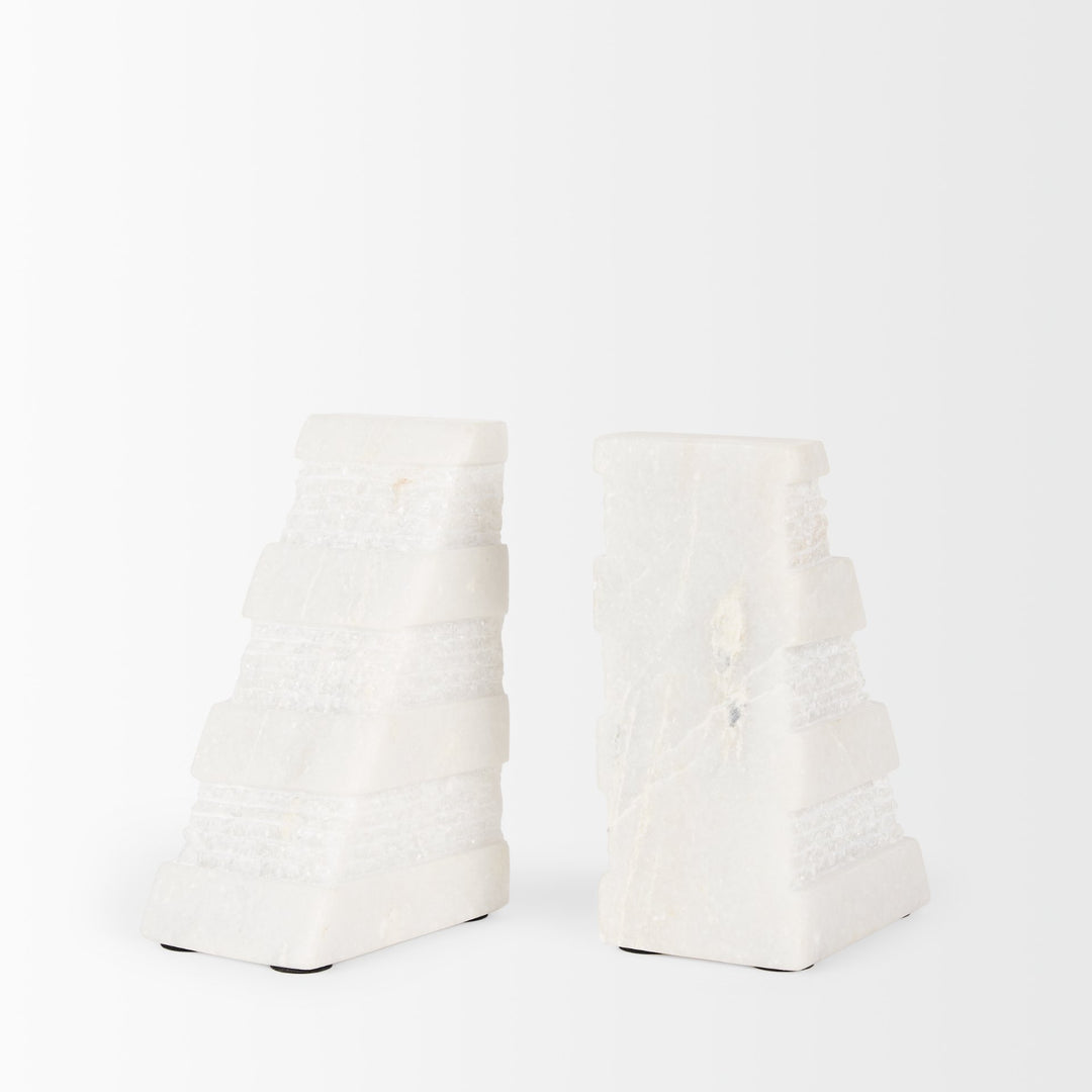 Cavetto White Marble Bookends w/rough carving S/2 Decor Mercana