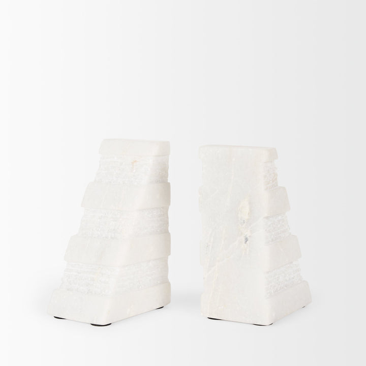 Cavetto White Marble Bookends w/rough carving S/2 Decor Mercana