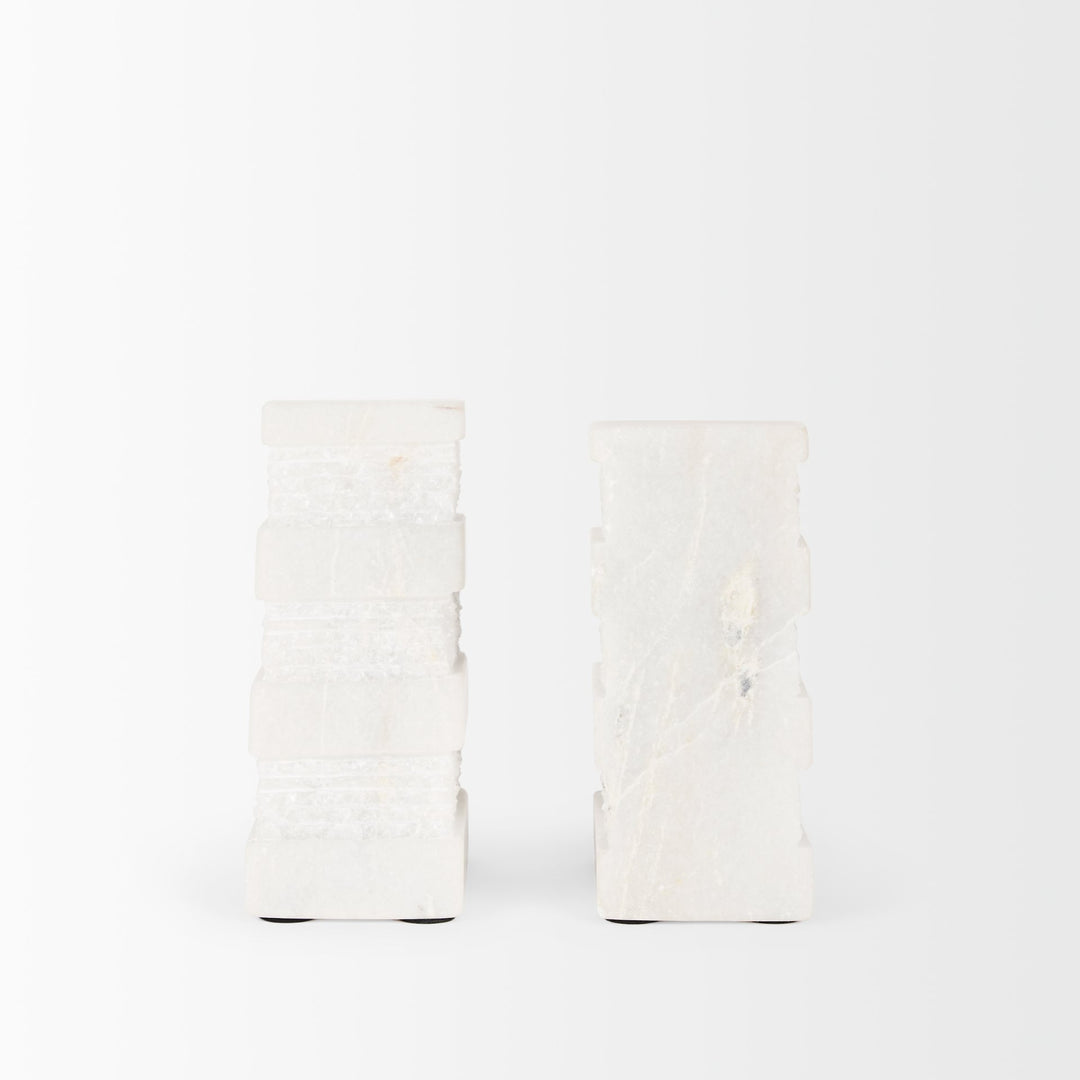 Cavetto White Marble Bookends w/rough carving S/2 Decor Mercana