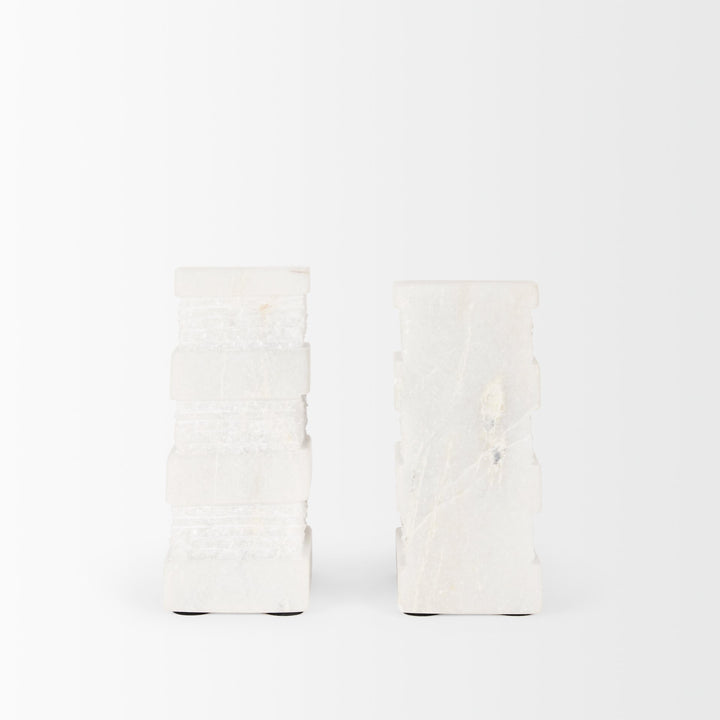 Cavetto White Marble Bookends w/rough carving S/2 Decor Mercana