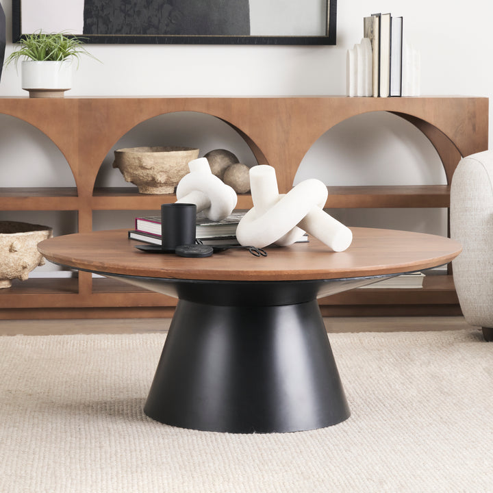 Mitchell Black Metal Pedestal Base with Brown Wood Top Coffee Table Living Room Mercana