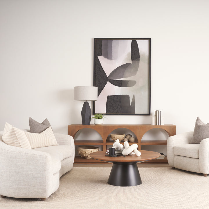 Mitchell Black Metal Pedestal Base with Brown Wood Top Coffee Table Living Room Mercana