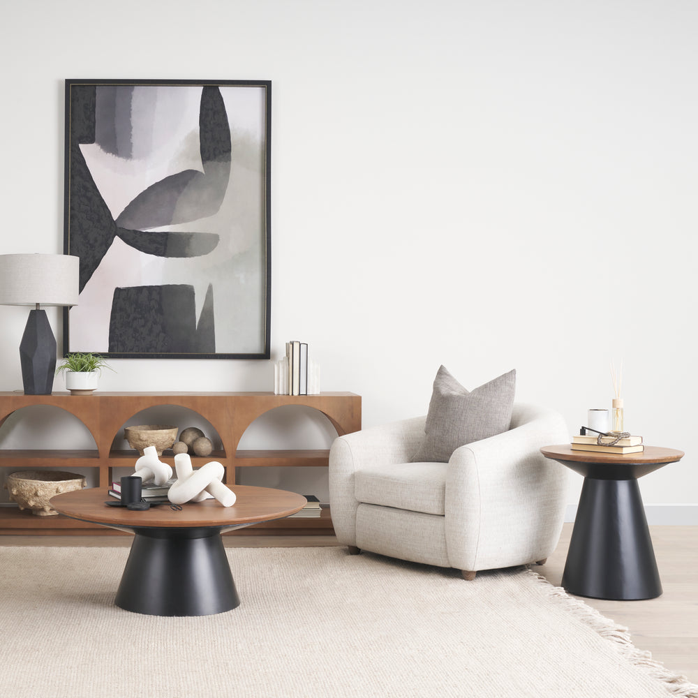 Mitchell Black Metal Pedetal Base with Brown Wood Top Side Table Living Room Mercana