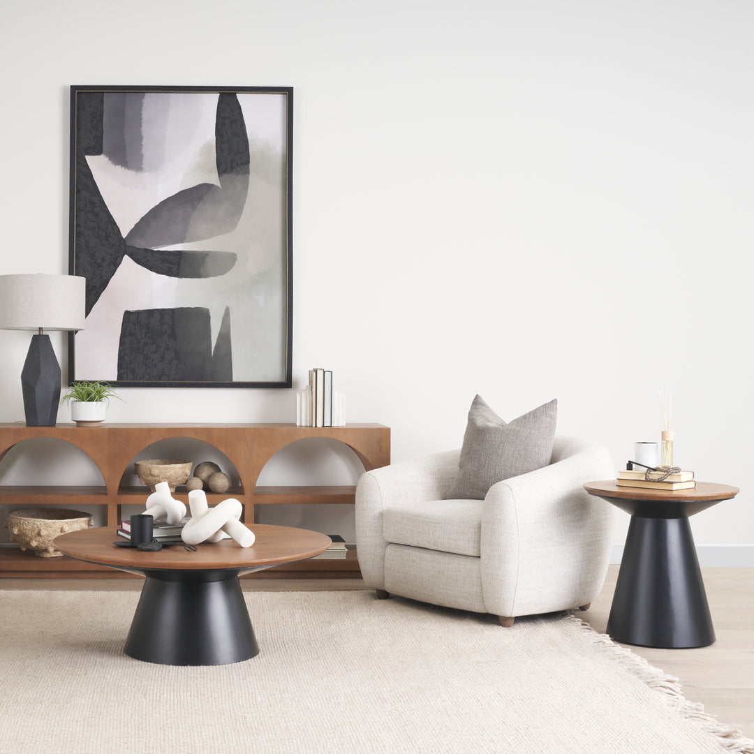 Mitchell Black Metal Pedetal Base with Brown Wood Top Side Table Living Room Mercana