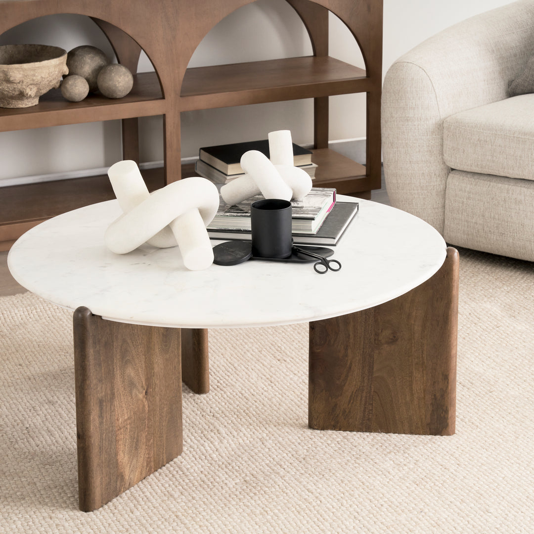 Rumer Dark Brown Wood w/ White Marble Coffee Table Living Room Mercana