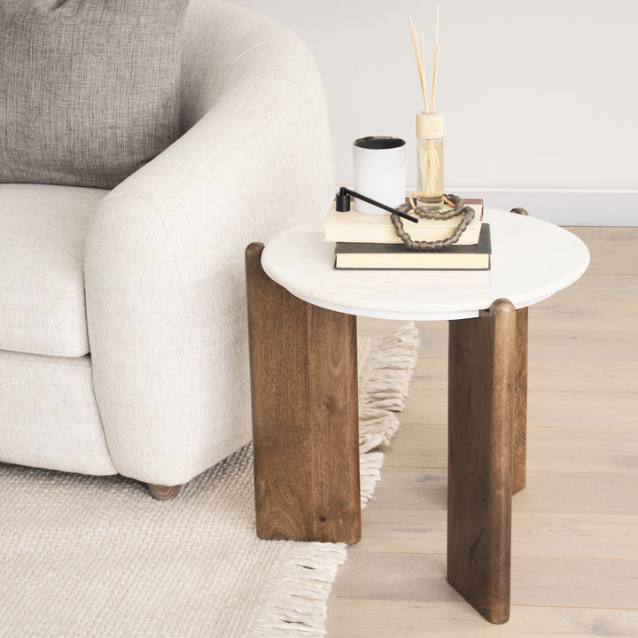 Rumer Dark Brown Wood w/ White Marble Side Table Living Room Mercana
