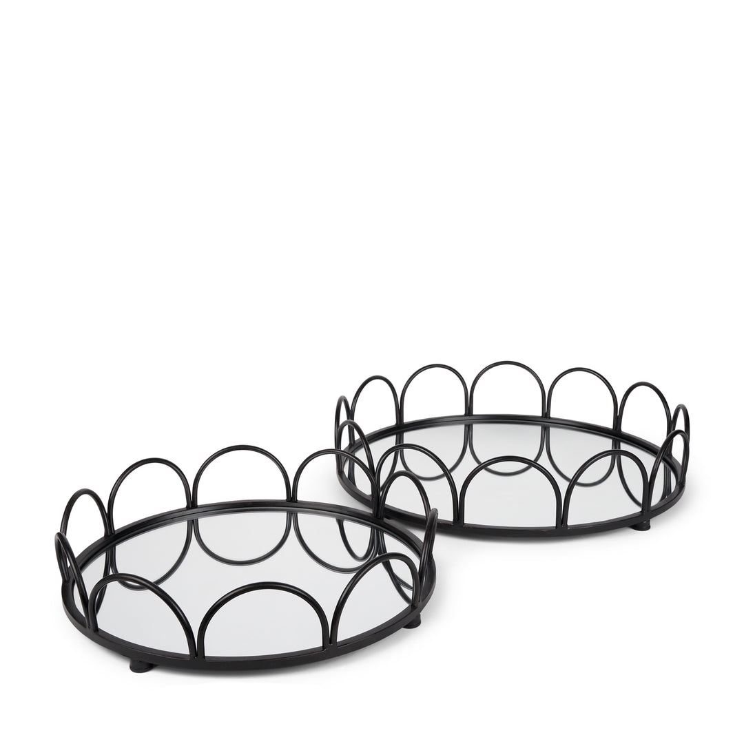 Lenore Round Metal/Mirror Tray Black (Set of 2) Decor Mercana