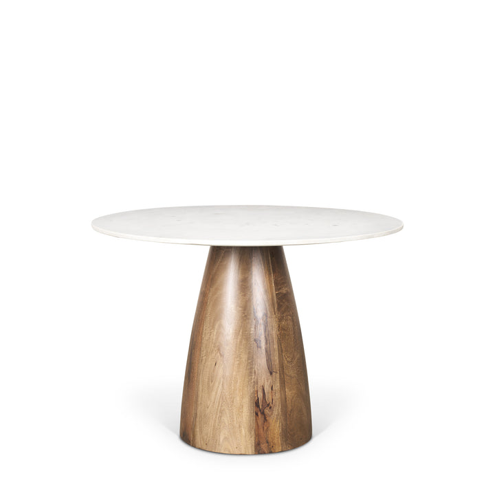 Allyson 42" Round Brown Wood Pedestal w/Banswara White Marble Top Dining Table Dining Room Mercana