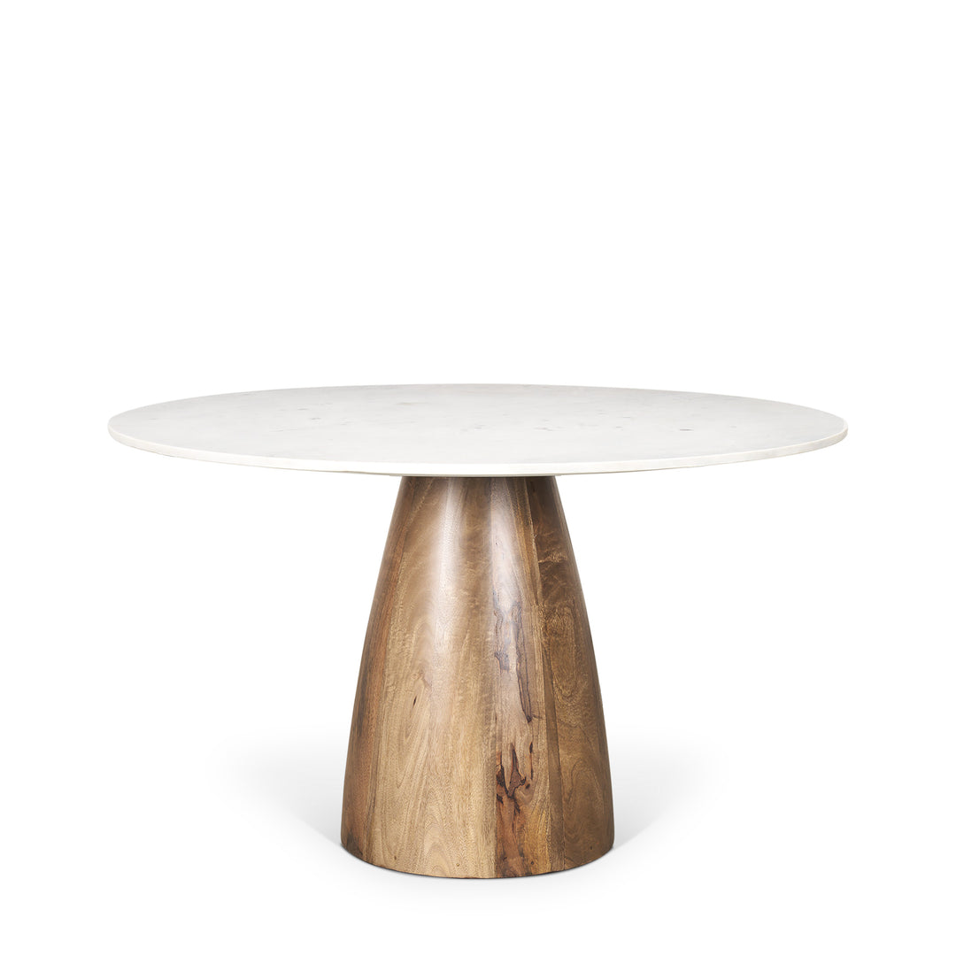 Allyson 48" Round Brown Wood Pedestal w/ White Marble Top Dining Table Dining Room Mercana