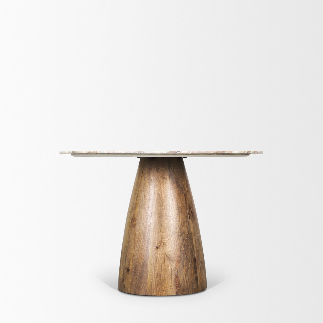 Allyson 42" Round Brown Wood Pedestal w/ Savar Pink Marble Top Dining Table Dining Room Mercana