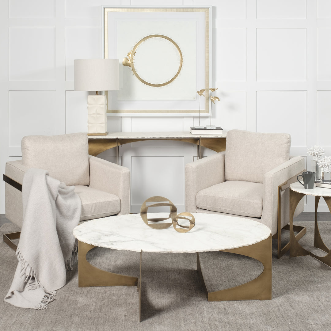 Reinhold 49" Round White Marble Top Gold Metal Base Coffee Table Living Room Mercana