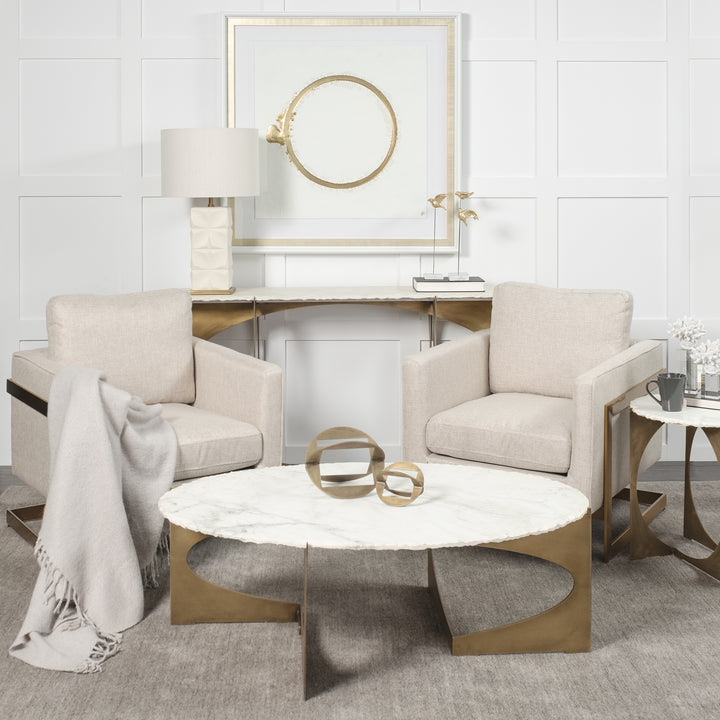 Reinhold 49" Round White Marble Top Gold Metal Base Coffee Table Living Room Mercana