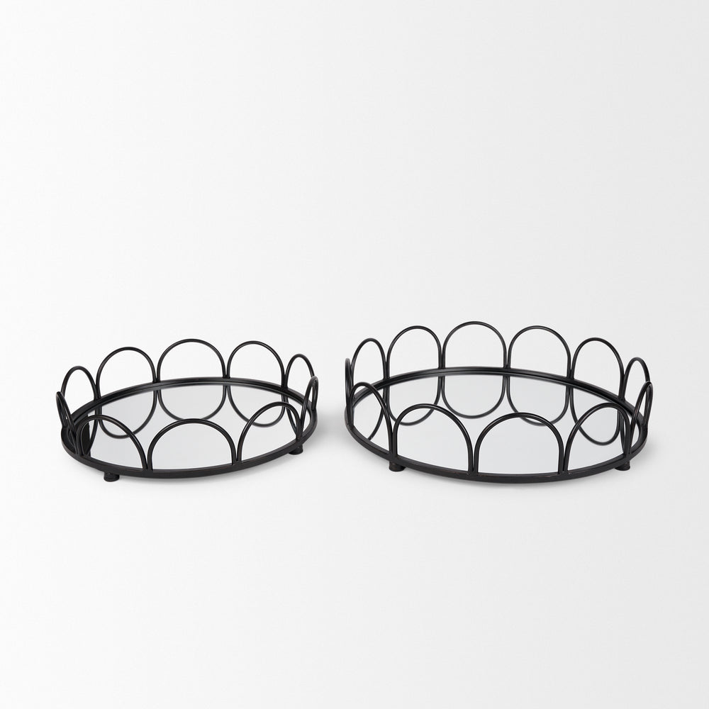 Lenore Round Metal/Mirror Tray Black (Set of 2) Decor Mercana