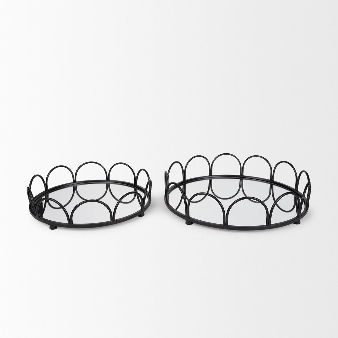 Lenore Round Metal/Mirror Tray Black (Set of 2) Decor Mercana