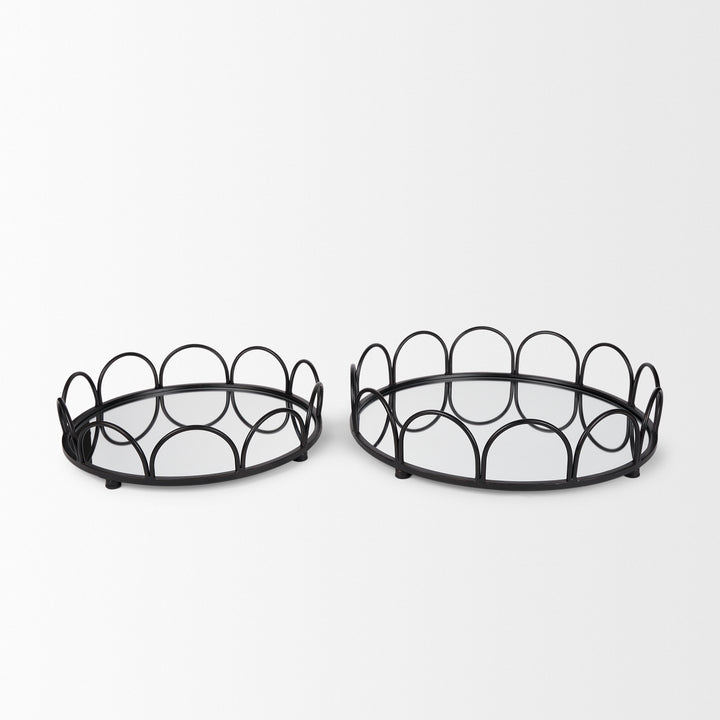 Lenore Round Metal/Mirror Tray Black (Set of 2) Decor Mercana
