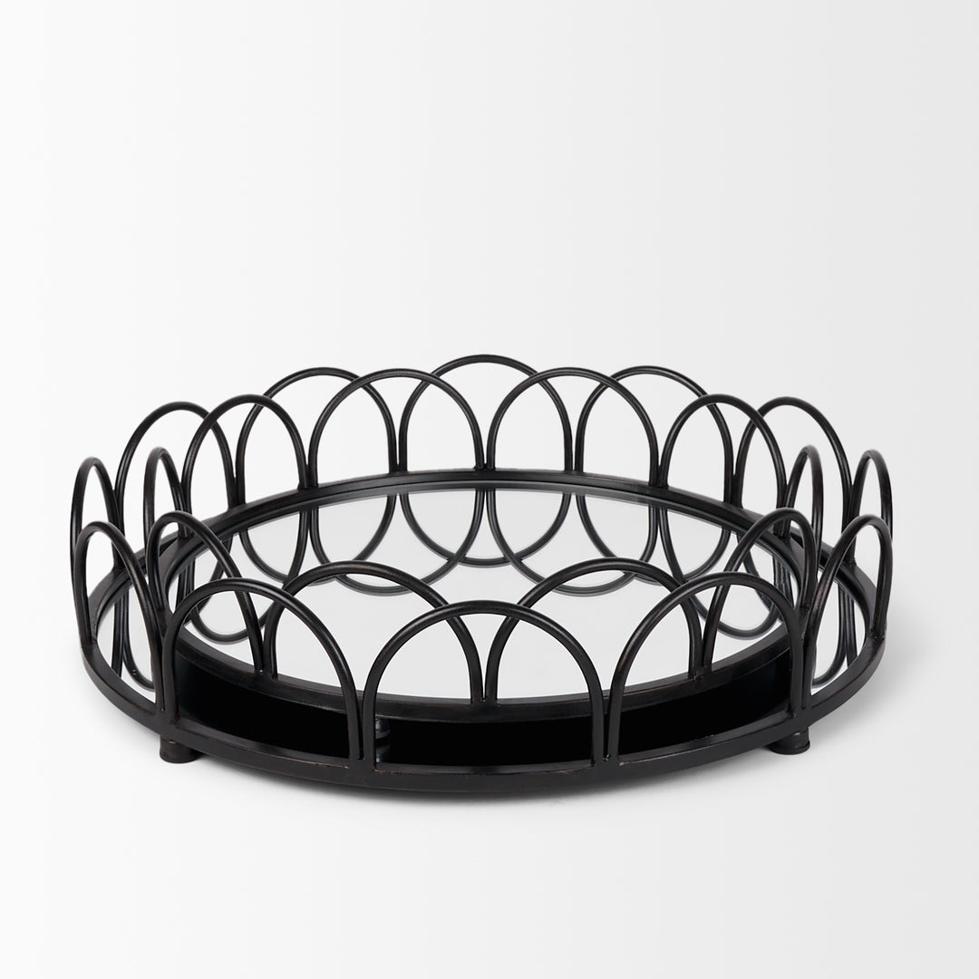 Lenore Round Metal/Mirror Tray Black (Set of 2) Decor Mercana