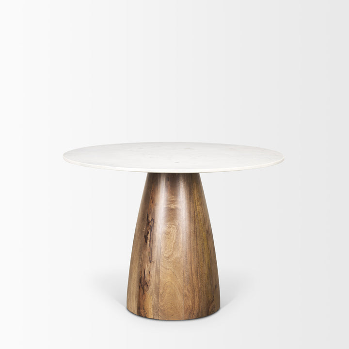 Allyson 42" Round Brown Wood Pedestal w/Banswara White Marble Top Dining Table Dining Room Mercana