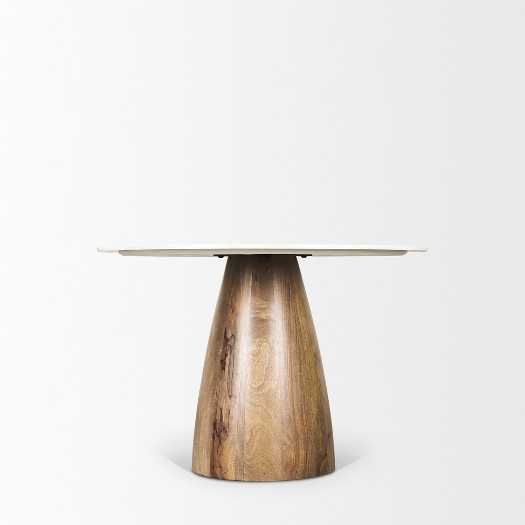 Allyson 42" Round Brown Wood Pedestal w/Banswara White Marble Top Dining Table Dining Room Mercana