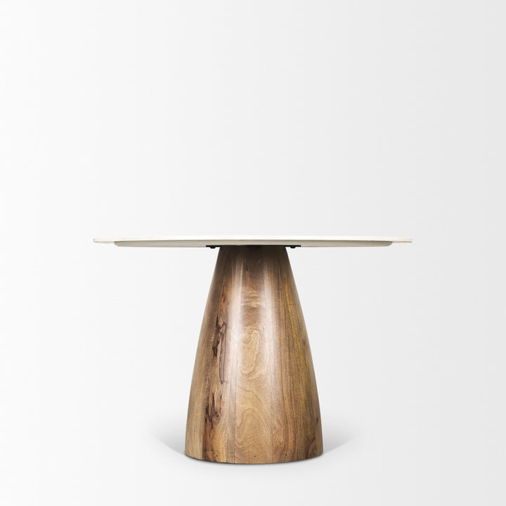 Allyson 42" Round Brown Wood Pedestal w/Banswara White Marble Top Dining Table Dining Room Mercana