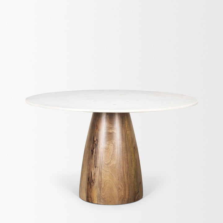 Allyson 48" Round Brown Wood Pedestal w/ White Marble Top Dining Table Dining Room Mercana