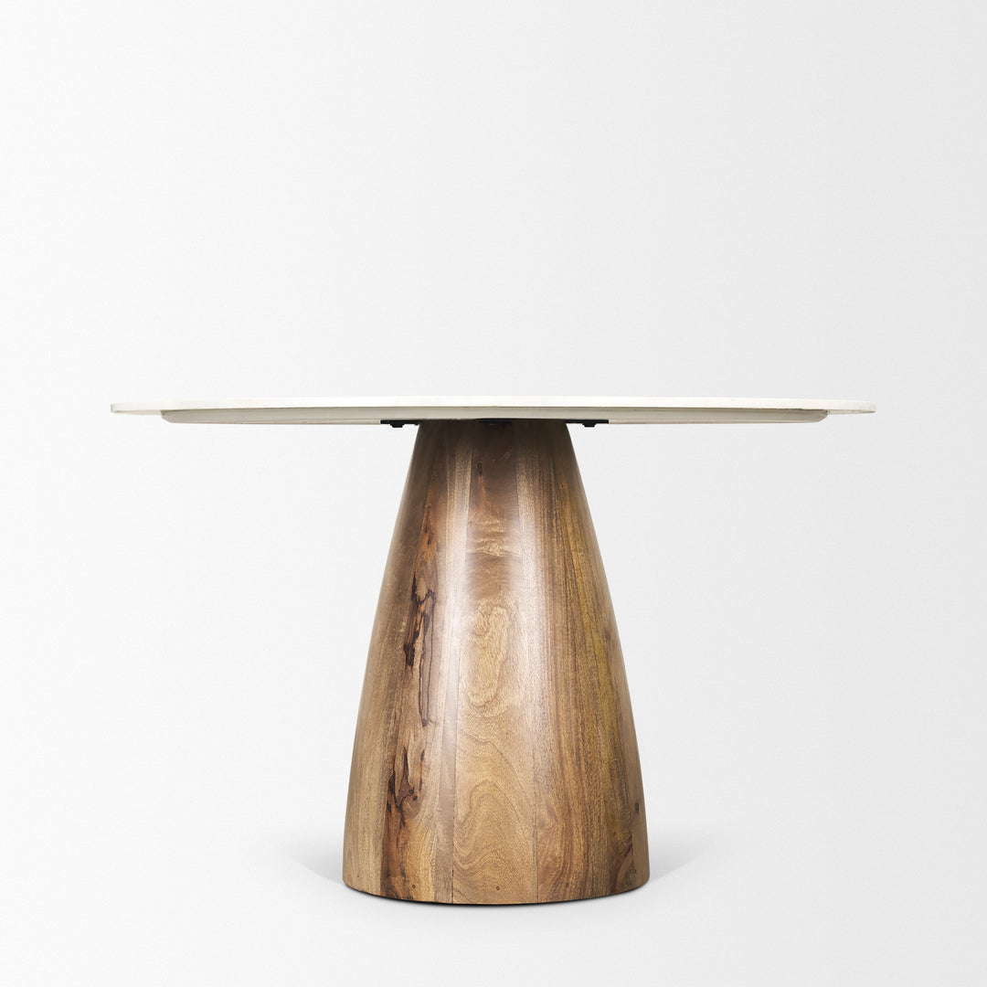 Allyson 48" Round Brown Wood Pedestal w/ White Marble Top Dining Table Dining Room Mercana
