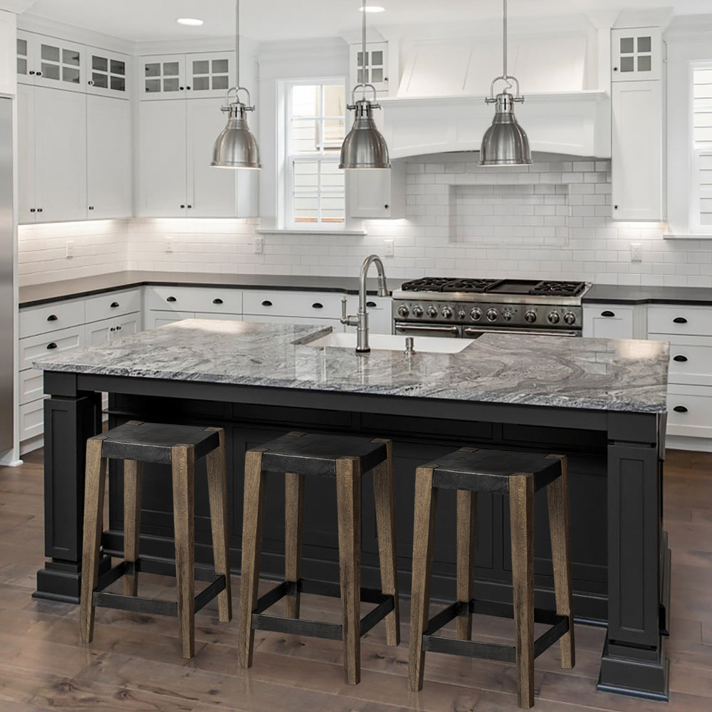 Nell 26" Seat Height Black Metal Seat & Foot Rest With Brown Wood Legs Stool Dining Room Mercana