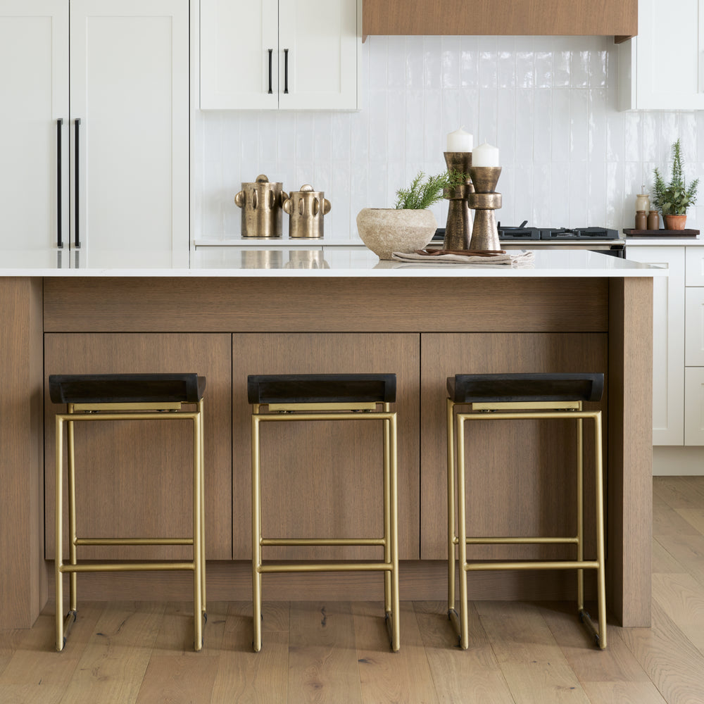 Givens 24.25"H Seat Height Brown Wood Seat Gold Metal Frame Stool Dining Room Mercana