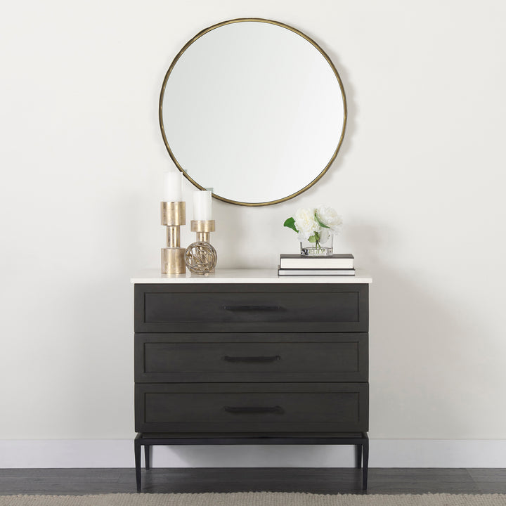 Divina Black-Brown Wood w/ White Marble Top and Black Metal Base Accent Cabinet Decor Mercana