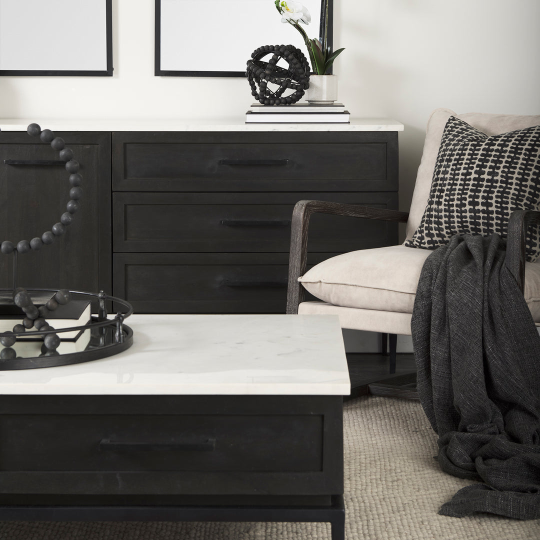 Divina Black-Brown Wood w/ White Marble Top and Black Metal Base Sideboard Dining Room Mercana