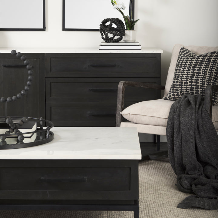 Divina Black-Brown Wood w/ White Marble Top and Black Metal Base Sideboard Dining Room Mercana