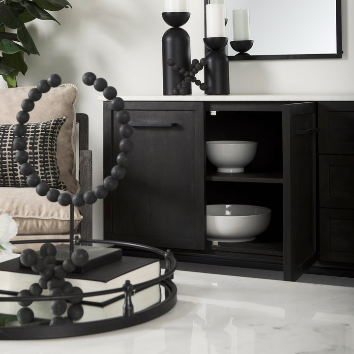 Divina Black-Brown Wood w/ White Marble Top and Black Metal Base Sideboard Dining Room Mercana