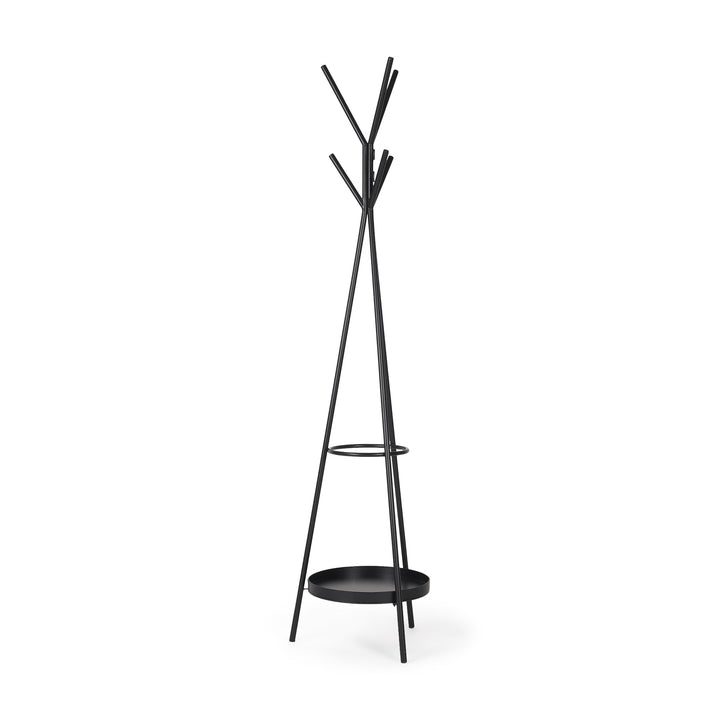 Everett Matte Black Metal w/ Two Metal Shelves Coat Rack Decor Mercana