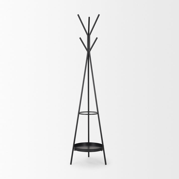 Everett Matte Black Metal w/ Two Metal Shelves Coat Rack Decor Mercana